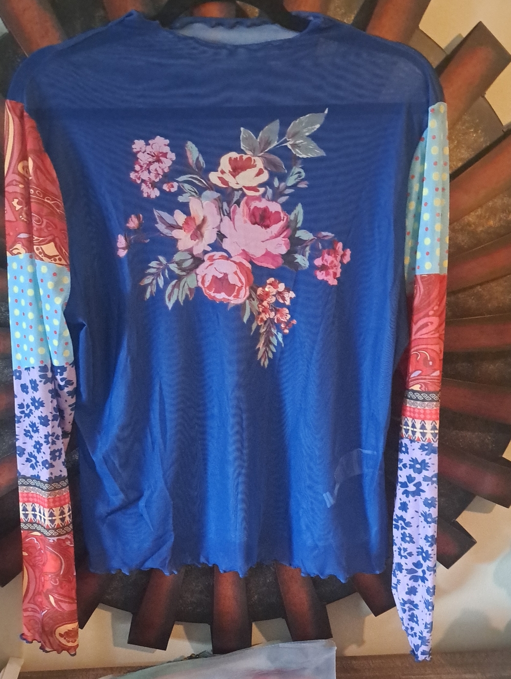 SHEIN Blue Floral Sheer Long Sleeve Mixed-Print Top 1x But Fits Smaller